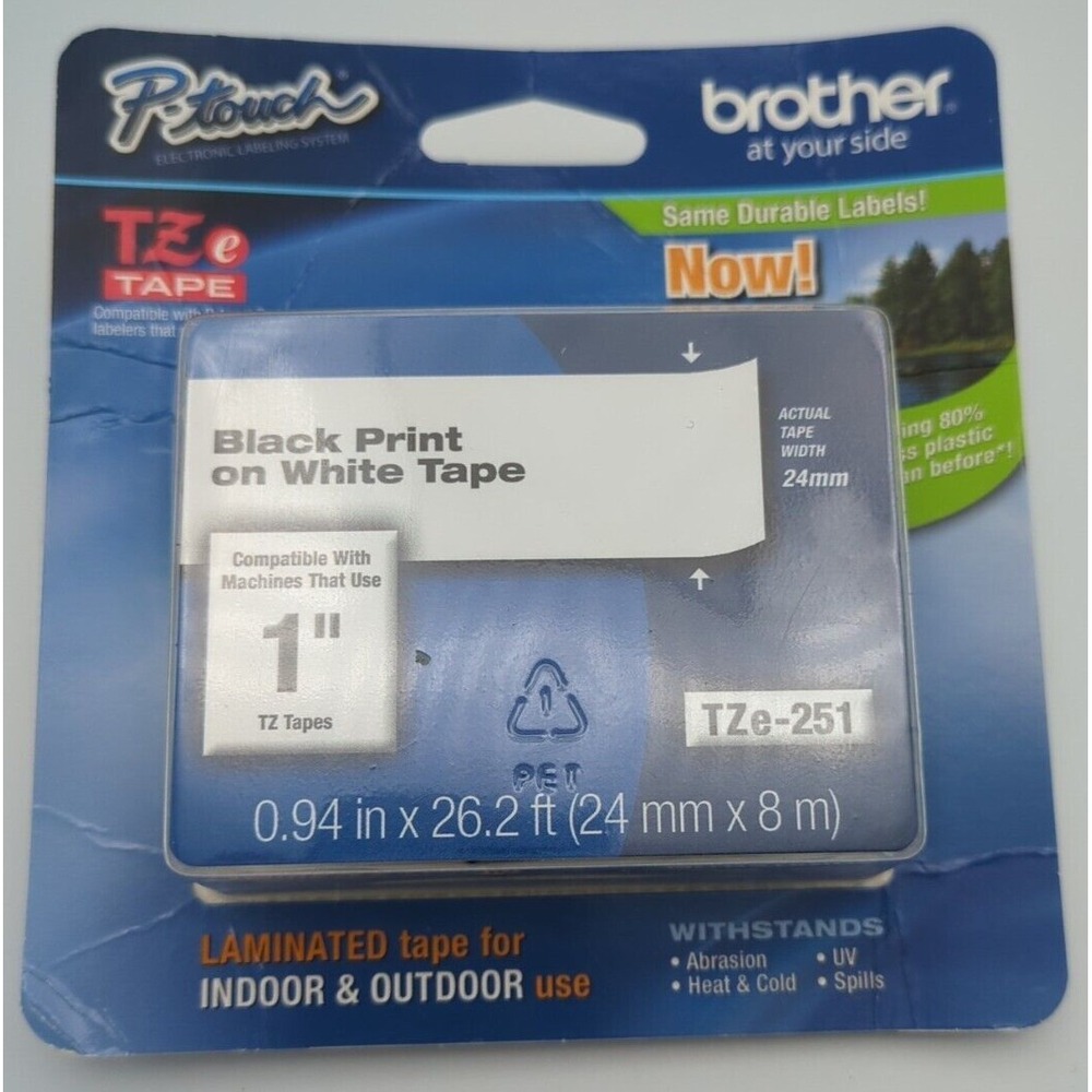 Brother 1" Laminated Tape TZe-251 Black Print On‎ White Tape New Open Box